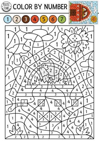 Vector on the farm color by number activity with red barn. Rural country scene black and white counting game with farm house. Coloring page for kids with countryside scene with she