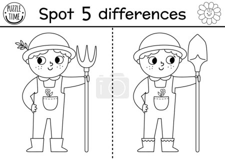 On the farm black and white find differences game for children. Educational line activity with cute farmer boy. Rural country puzzle with funny worker. Attention skills coloring pag