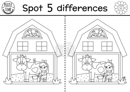 Illustration for On the farm black and white find differences game for children. Educational line activity with cute barn house with girl milking cow. Rural country puzzle with funny shed. Attention skills coloring pag - Royalty Free Image