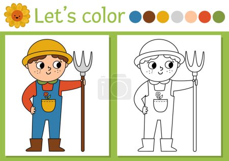On the farm coloring page for children with farmer. Vector rural country outline illustration with cute farm worker. Color book for kids with colored example. Drawing skills printable workshee