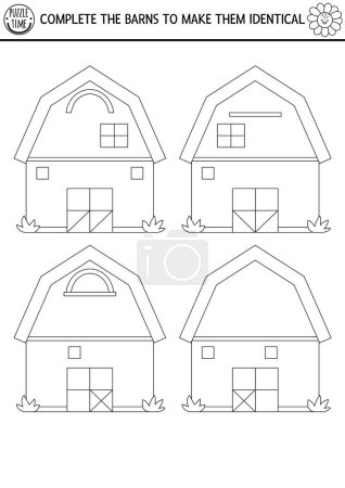 Téléchargez les illustrations : Black and white find differences, logical and drawing game for kids. On the farm educational activity with barn house. Complete picture printable worksheet. Rural country puzzle or coloring pag - en licence libre de droit
