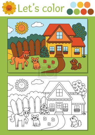 On the farm coloring page for children with rural country landscape. Vector outline illustration with country house. Color book for kids with colored example. Drawing skills printable workshee