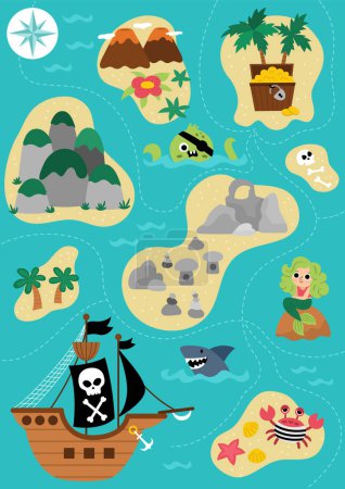 Illustration for Vector treasure island map with pirate ship, mermaid, octopus. Cute tropical sea isles with sand, palm trees, volcano, rocks, waterfall illustration. Treasure island picture with chest, gold coin - Royalty Free Image