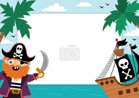 Illustration for Pirate party greeting card template with cute captain, ship, marine landscape and palm trees. Treasure island horizontal poster or invitation for kids. Bright sea holiday illustration with place for tex - Royalty Free Image