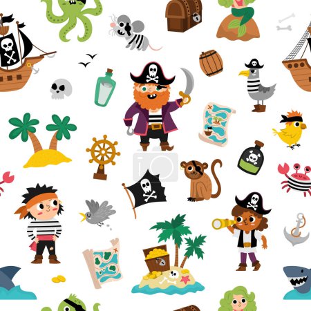 Illustration for Vector pirate seamless pattern. Cute sea adventures repeat background. Treasure island digital paper with ship, captain, sailors, chest, map, parrot, monkey, map. Funny pirate party textur - Royalty Free Image