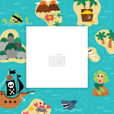 Téléchargez les illustrations : Pirate party greeting card template with cute marine landscape plan or map. Square poster with treasure island scene or invitation for kids. Bright sea holiday illustration with place for tex - en licence libre de droit