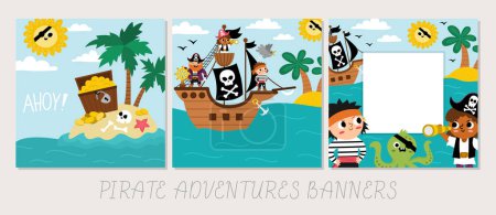 Illustration for Vector treasure island landscape cards set. Pirate party scenes collection with uninhabited isle, treasure chest, palm trees. Cute summer landscape square backgrounds. Marine picture for kid - Royalty Free Image