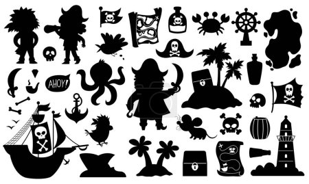 Illustration for Vector pirate silhouettes set. Cute sea adventures black icons collection. Treasure island shadow illustrations with ship, captain, sailors, chest, map, parrot, map. Funny pirate party element - Royalty Free Image