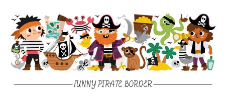 Téléchargez les illustrations : Vector horizontal border set with cute pirates and animals. Sea adventures card template design with cute characters. Cute treasure island border with crab, captain, sailors, octopus, chest, ma - en licence libre de droit