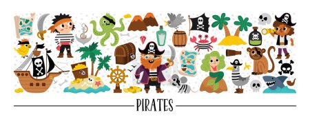 Illustration for Vector pirate horizontal set with sailors and animals. Sea adventures card template or treasure island design for banners, invitations. Cute illustration with ship, octopus, mermaid, seagul - Royalty Free Image