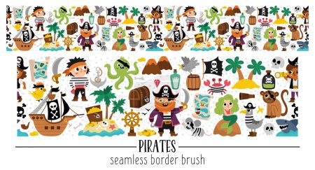 Illustration for Vector pirate horizontal seamless border brush with sailors and animals. Sea adventures horizontal repeat background or treasure island design. Cute illustration with ship, octopus, mermai - Royalty Free Image