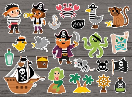 Téléchargez les illustrations : Vector pirate stickers set. Cute sea adventures patches icons collection. Treasure island illustrations with ship, chest, map, parrot, monkey, map. Funny pirate party elements on wooden backgroun - en licence libre de droit