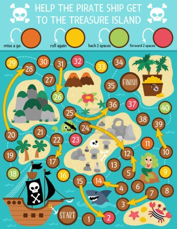 Pirate dice board game for children with treasure island map. Treasure hunt boardgame with pirate ship, chest, isles, mermaid, shark.  Sea adventures printable activity or workshee