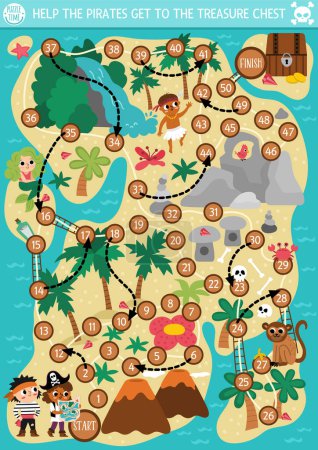 Illustration for Pirate dice board game for children with cute kids pirates hunting treasure. Treasure island hunt boardgame with volcano, waterfall, animals.  Sea adventures printable activity or workshee - Royalty Free Image