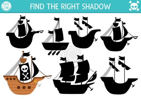 Pirate shadow matching activity. Treasure island hunt puzzle with pirate ships. Find correct silhouette printable worksheet or game. Sea adventures page for kids with boat and black sail