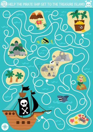 Illustration for Pirate maze for kids with marine landscape, ship, isles. Treasure hunt preschool printable activity. Sea adventures labyrinth game, puzzle. Help the pirate ship get to the treasure islan - Royalty Free Image