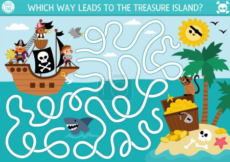 Illustration for Pirate maze for kids with marine landscape, ship, treasure island. Treasure hunt preschool printable activity with chest, coins, shark, sun, palm trees. Sea adventures labyrinth game or puzzl - Royalty Free Image