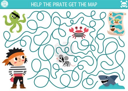Illustration for Pirate maze for kids. Treasure hunt preschool printable activity with cute raider captain, octopus, rat, shark, crab. Sea adventures labyrinth game or puzzle. Help the pirate get the ma - Royalty Free Image