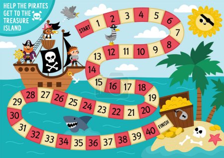 Illustration for Pirate dice board game for children with cute pirate ship hunting treasure. Treasure island hunt boardgame with pirates, chest.  Sea adventures printable activity or workshee - Royalty Free Image