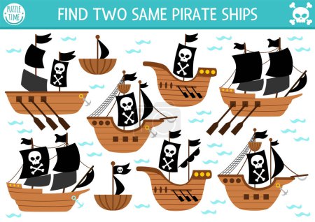 Illustration for Find two same pirate ships. Treasure island matching activity for children. Sea adventures educational quiz worksheet for kids for attention skills. Simple printable game with cute boat - Royalty Free Image