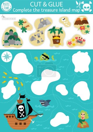 Illustration for Vector pirate cut and glue activity. Crafting game with cute island map and sea landscape. Fun treasure hunt printable worksheet for children. Find the right piece of the puzzle. Complete the pictur - Royalty Free Image