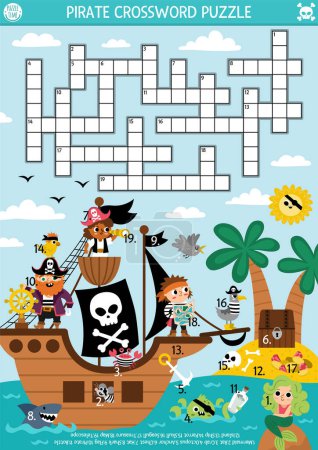 Illustration for Vector pirate crossword puzzle for kids. Simple treasure island quiz with marine landscape for children. Educational activity with ship, crossbones, animals. Cute cross word with sea adventure scen - Royalty Free Image