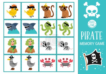 Illustration for Vector pirate memory game cards with cute animals. Sea adventure matching activity. Treasure island remember and find correct card. Simple printable worksheet for kids with parrot, octopu - Royalty Free Image