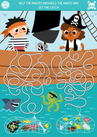 Illustration for Pirate maze for kids with ship, sea and kid sailors. Treasure hunt preschool printable activity. Sea adventures labyrinth game or puzzle. Help the pirates untangle the knots and get the catc - Royalty Free Image