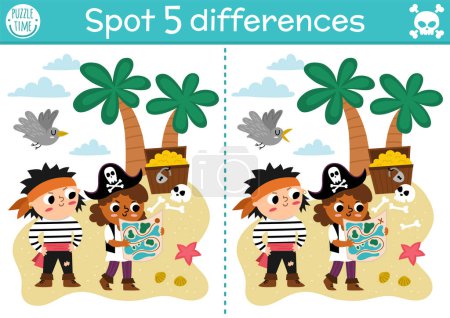 Illustration for Find differences game for children. Sea adventures educational activity with cute pirates and treasure island. Puzzle for kids with funny characters. Marine printable worksheet or pag - Royalty Free Image