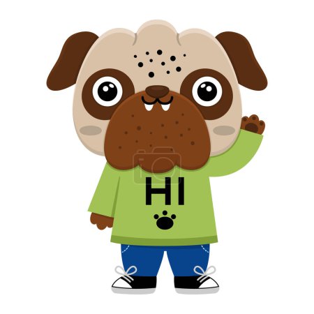Ilustración de Vector cartoon pug. Anthropomorphic dog saying hi and greeting. Funny pup waving hand. Cute animal illustration for kids. Funny little pet ico - Imagen libre de derechos