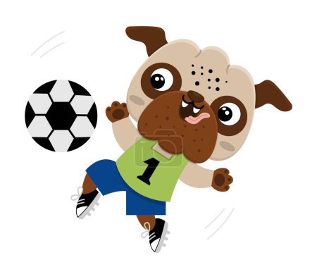 Téléchargez les illustrations : Vector cartoon pug. Anthropomorphic dog doing sports. Funny pup playing football. Cute animal illustration with soccer ball for kids. Funny little pet icons collectio - en licence libre de droit