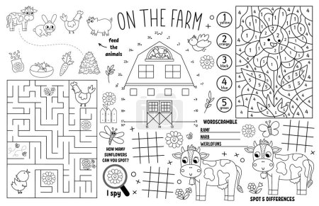 Ilustración de Vector on the farm placemat for kids. Country farm printable activity mat with maze, tic tac toe charts, connect the dots, find difference. Farmhouse black and white play mat or coloring pag - Imagen libre de derechos