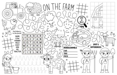 Vector on the farm placemat for kids. Country farm printable activity mat with maze, tic tac toe charts, connect the dots, find difference. Farmhouse black and white play mat or coloring pag