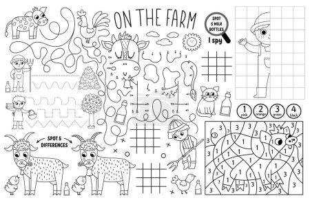 Ilustración de Vector on the farm placemat for kids. Country farm printable activity mat with maze, tic tac toe charts, connect the dots, find difference. Farmhouse black and white play mat or coloring pag - Imagen libre de derechos