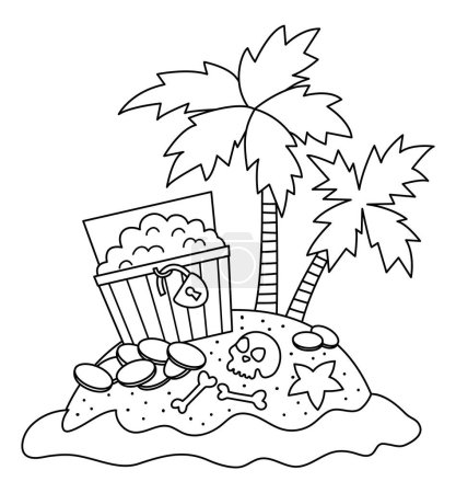 Vector black and white tropical island icon. Cute sea isle with sand, water, palm trees. Outline illustration. Treasure island picture with chest, coins, skull. Pirate party coloring pag
