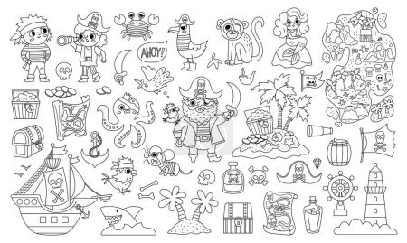 Illustration for Vector black and white pirate set. Cute line sea adventures icons collection. Treasure island illustrations with ship, captain, sailors, chest, map, parrot, monkey. Pirate party coloring page for kids - Royalty Free Image