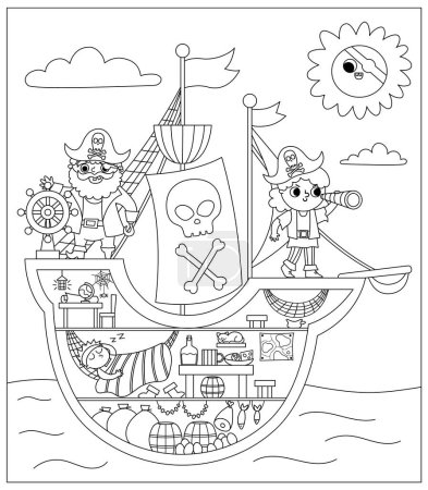 Illustration for Vector black and white pirate ship scene. Raider vessel interior with pirates, cargo hold, cabin, captain. Line treasure hunt illustration with boat inside, sleeping sailor. Sea landscape, coloring pag - Royalty Free Image