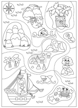 Vector black and white treasure island map with pirate ship, mermaid, octopus. Cute line tropical sea isles with sand, palm trees, volcano, rocks. Treasure island picture or coloring pag