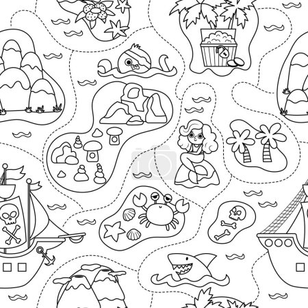 Illustration for Vector black and white treasure island seamless pattern with pirate ship, octopus. Cute line repeat background with tropical sea isle, sand, palm tree, volcano. Treasure island coloring pag - Royalty Free Image