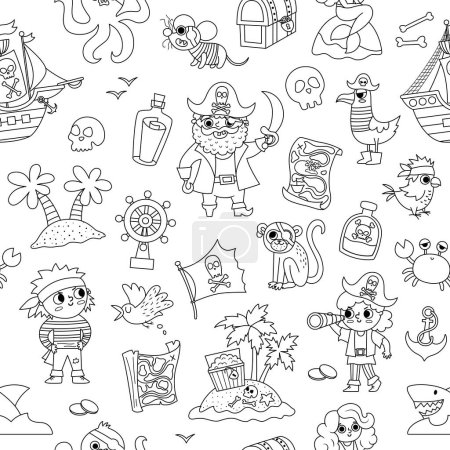 Illustration for Vector black and white pirate seamless pattern. Cute line sea adventures repeat background. Treasure island digital paper with ship, captain, sailors, chest, map, parrot. Pirate party coloring pag - Royalty Free Image