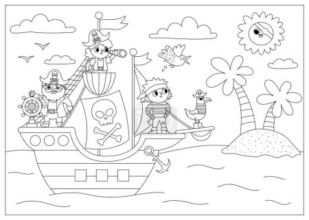 Illustration for Vector black and white pirate ship scene. Line raider vessel with pirates sailing to the treasure island with palm trees. Treasure hunt illustration with sea, sun, shore. Sea landscape, coloring pag - Royalty Free Image