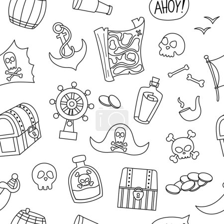 Illustration for Vector black and white pirate seamless pattern. Cute sea adventures symbols repeat background. Line treasure island digital paper with chest, pirate hat, crossbones. Pirate party coloring pag - Royalty Free Image