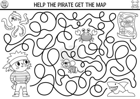 Illustration for Pirate black and white maze for kids. Treasure hunt preschool printable activity with cute raider captain, octopus, rat, shark, crab. Sea adventures coloring labyrinth game. Help pirate get ma - Royalty Free Image