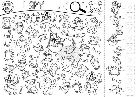 Pirate black and white I spy game for kids. Searching and counting activity with pirates, animals, birds. Treasure island hunt printable coloring page. Simple sea adventure spotting workshee