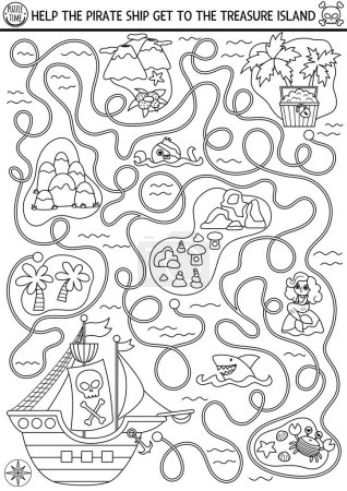 Illustration for Pirate black and white maze for kids with marine landscape, ship, isles. Treasure hunt line preschool printable activity. Sea adventures coloring labyrinth. Help pirate ship get to treasure islan - Royalty Free Image