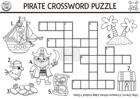 Black and white vector pirate crossword puzzle for kids. Simple line treasure island quiz for children. Educational activity with ship, parrot, map, chest. Cute cross word or coloring pag