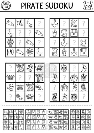 Illustration for Black and white vector pirate sudoku puzzle for kids with pictures. Simple line treasure island quiz with answer. Education activity or coloring page. Draw missing object - Royalty Free Image