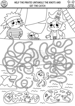 Black and white pirate maze for kids with ship, sea and kid sailors. Treasure hunt line preschool printable activity. Sea adventures labyrinth coloring page or puzzl