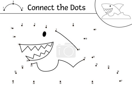 Ilustración de Vector dot-to-dot and color activity with cute shark. Treasure island connect the dots game with funny animal fish. Sea adventures coloring page for kids. Printable worksheet with number - Imagen libre de derechos