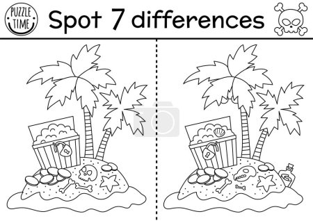 Ilustración de Black and white pirate find differences game for children. Sea adventures line educational activity with cute treasure island with palm trees and chest. Printable worksheet, coloring page for kid - Imagen libre de derechos
